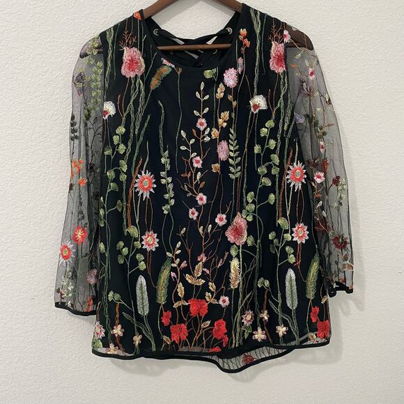 Entro Blouse Floral Black and Multi Color Embroidered Mesh Sleeve - Picture 1 of 7